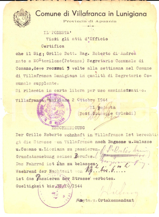 1944 WW2 RSI VILLAFRANCA LUNIGIANA (MS) Lasciapassare segretario Roberto GRILLO