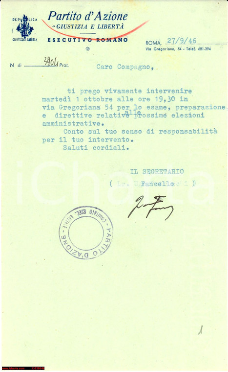 1946 PARTITO D'AZIONE Francesco FANCELLO Autografo