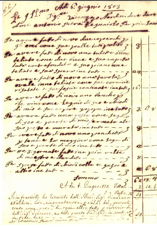 1803 FIRENZE Conto del legnaiuolo Antonio PETRAI per banco del vino *Manoscritto