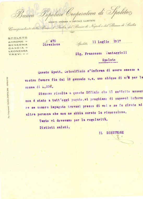 1917 Banca Popolare Cooperativa di SPOLETO (PG) Lettera commerciale intestata