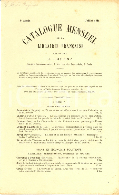 Juillet 1881 PARIS Libraire OTTO LORENZ Catalogue mensuel librairie française