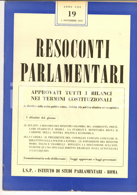 1958 RESOCONTI PARLAMENTARI Fedeltà alla politica europeistica *Rivista n° 19