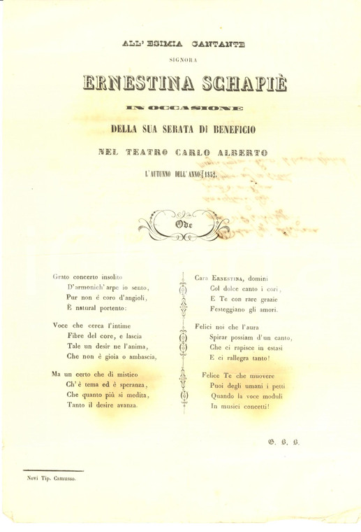 1852 TORINO Ode alla cantante Ernestina SCHAPIE' - RARO