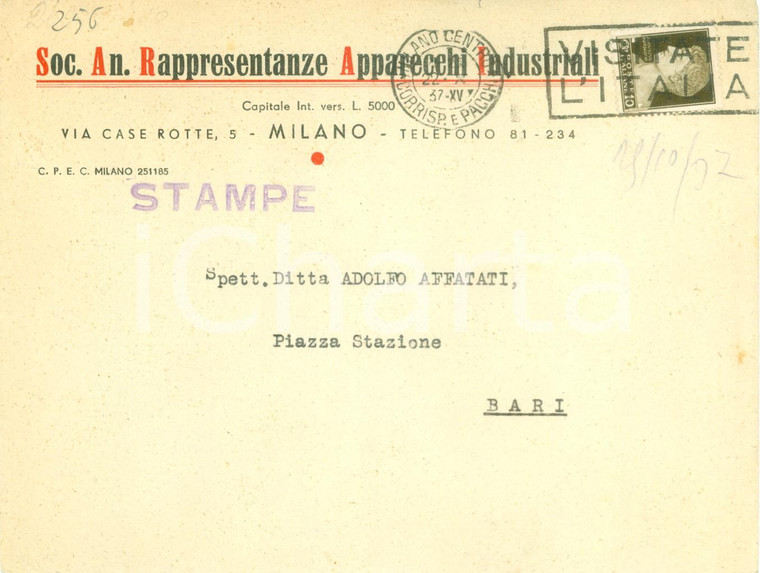 1937 MILANO Soc. An. Rappresentanze Apparecchi Industriali *Busta intestata