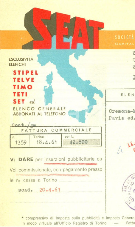 1961 PAVIA Società SEAT Elenchi Ufficiali Abbonati Telefono *Fattura