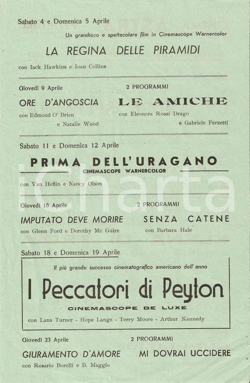 1959 PETRITOLI Cinema ASTRA Volantino programmazione PECCATORI DI PEYTON PLACE