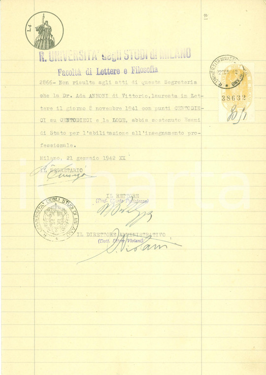 1942 MILANO Ada ANNONI non può insegnare Uberto PESTALOZZA Autografo *Documento