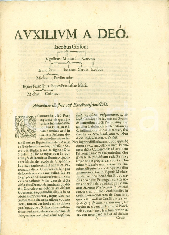 1666 PISA Francesco Maria GRIFONI patrono Commenda SAN PAOLO A RIPA D'ARNO