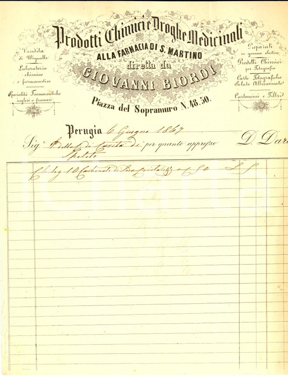 1867 PERUGIA Farmacia di SAN MARTINO dI Giovanni BIORDI *Fattura per carbonato