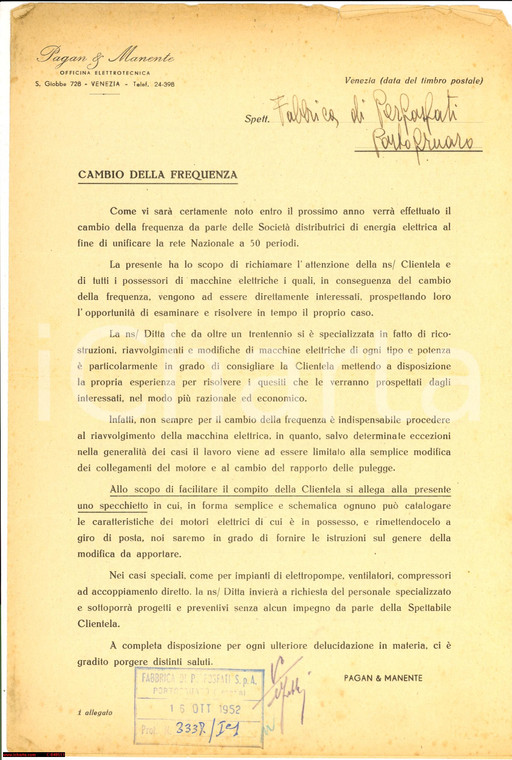 1952 VENEZIA Ditta PAGAN & MANENTE cambio frequenze