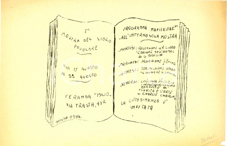 1953 GENOVA Prima Mostra Libro Popolare Veranda MILIO Volantino Ciclostilato