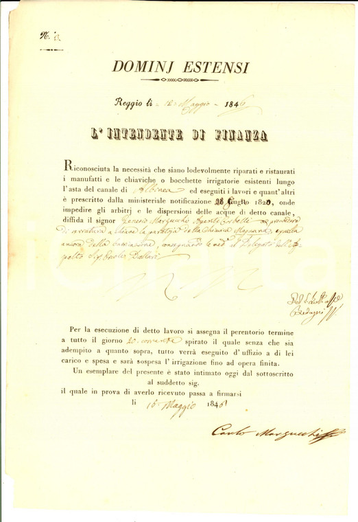 1846 ALBINEA (RE) Genesio MARZUCCHI obbligato a chiusura della Chiavica MAGNANA