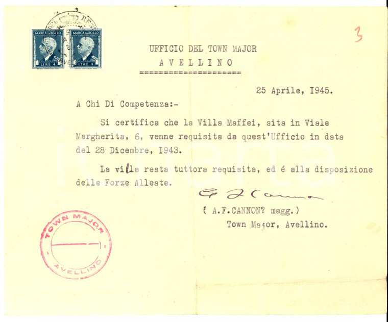 1945 WW2 AVELLINO Villa MAFFEI requisita dalle Forze Alleate *Documento