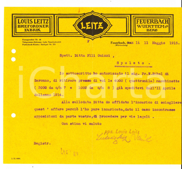 1915 FEUERBACH (D) Ditta Louis LEITZ Lettera sul ritiro di macchinette