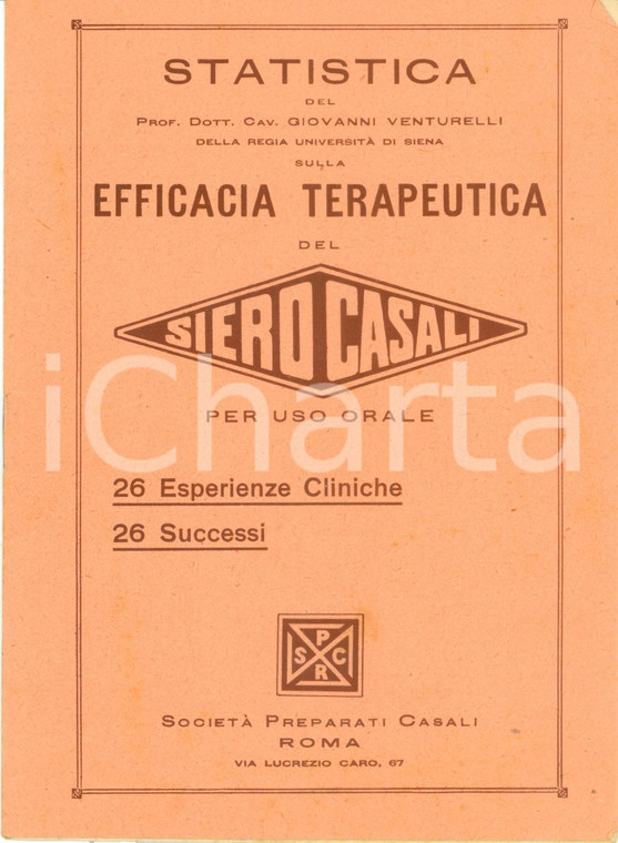 1923 Giovanni VENTURELLI Statistica efficacia terapeutica SIERO CASALI *Opuscolo