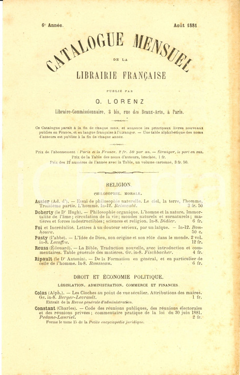 1881 Aout PARIS Libraire OTTO LORENZ Catalogue mensuel de la librairie française