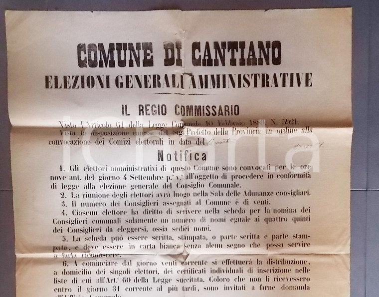 1892 CANTIANO (PU) Elezione generale del Consiglio Comunale *Manifesto 65 x 90