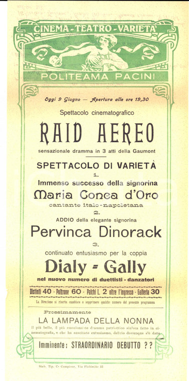 1920 ca CATANIA Politeama PACINI Raid aereo - Pervinca DINORACK *Locandina 35x17