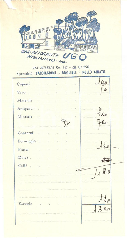 1965 ca VECCHIANO Frazione MIGLIARINO PISANO Ristorante Ugo *Ricevuta ILLUSTRATA