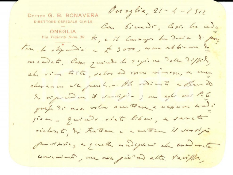 1912 ONEGLIA (IM) Giovanni Battista BONAVERA direttore Ospedale *Autografo