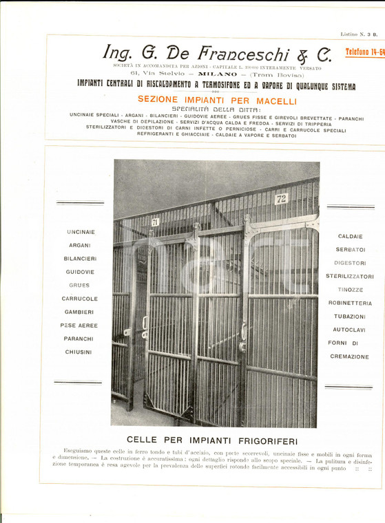 1930 ca MILANO Ing. DE FRANCESCHI & C. Celle impianti frigoriferi *Pubblicità