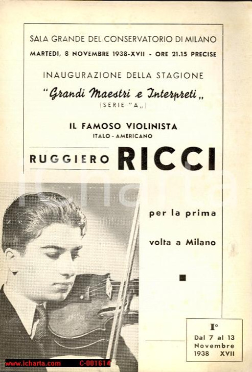 1938 MILANO Violinista RUGGIERO RICCI in concerto - Pieghevole