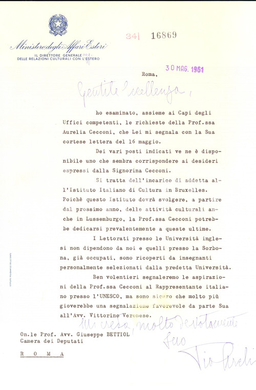 1961 ROMA Lettera ambasciatore PIO ARCHI pro docente italiana *Autografo