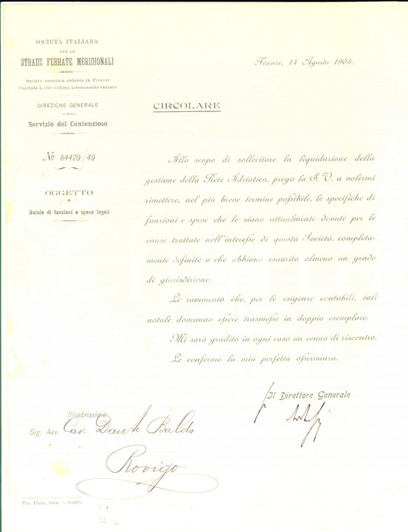 1905 FIRENZE Società Strade Ferrate Meridionali all'avv. Dante BALDO *Lettera