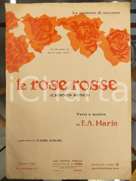 1922 E.A.MARIO Le rose rosse - Crimson roses by Claude AVELING *Spartito