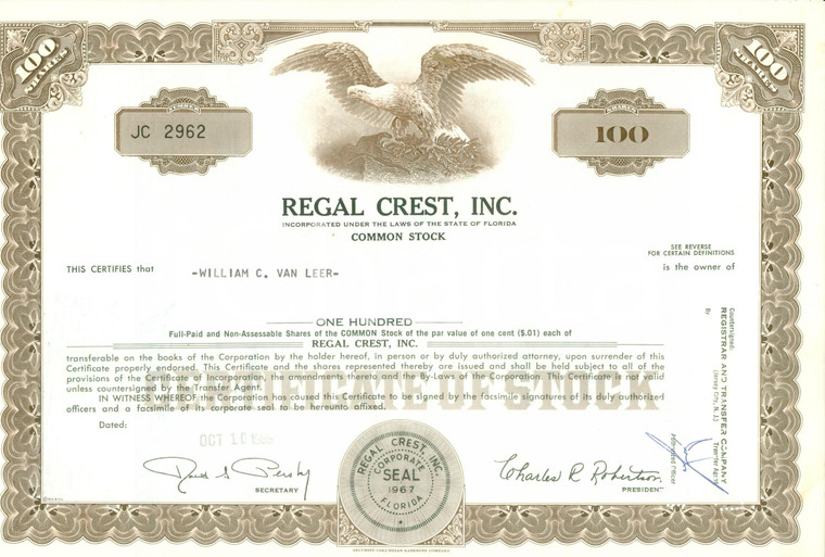 1969 FLORIDA Common Stock REGAL CREST INC Certificato azionario William VAN LEER