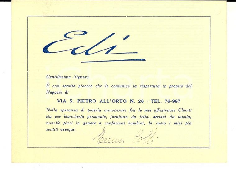 1950 ca MILANO via San Pietro all'Orto Negozio EDI biancheria *Cartoncino