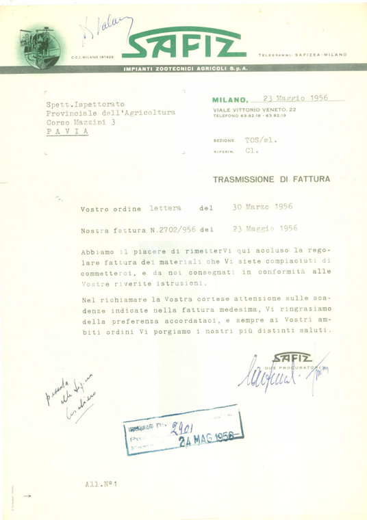 1956 MILANO Impianti Zootecnici Agricoli SAFIZ invia fattura *Documento