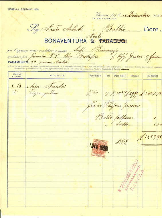 1926 GENOVA Ditta Carlo BONAVENTURA *Fattura intestata per spedizione SANTOS