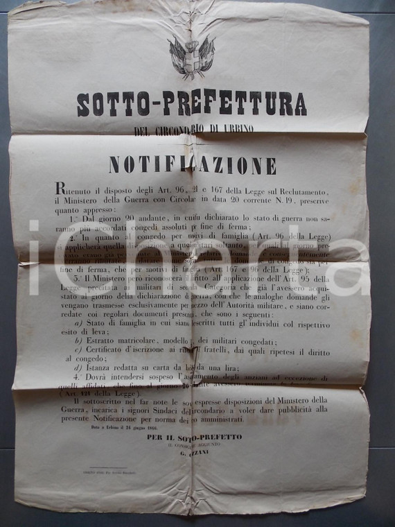 1866 RISORGIMENTO URBINO Divieto di congedo per militari in guerra *Manifesto