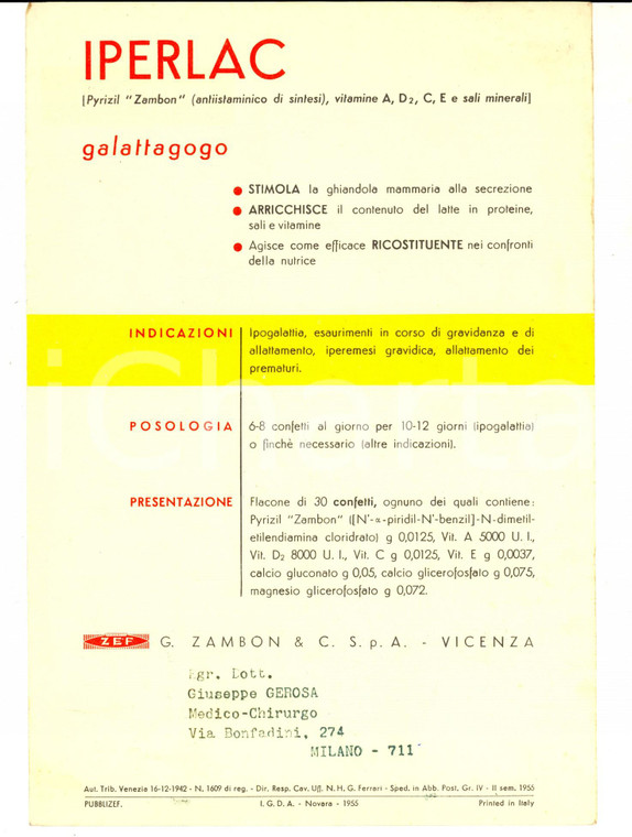 1955 VICENZA Farmaceutica Zambon IPERLAC *Cartoncino con mappa UMBRIA