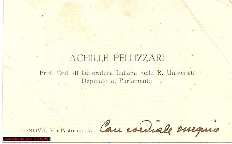 1920ca ACHILLE PELLIZZARI Accademico BIGLIETTO dedica