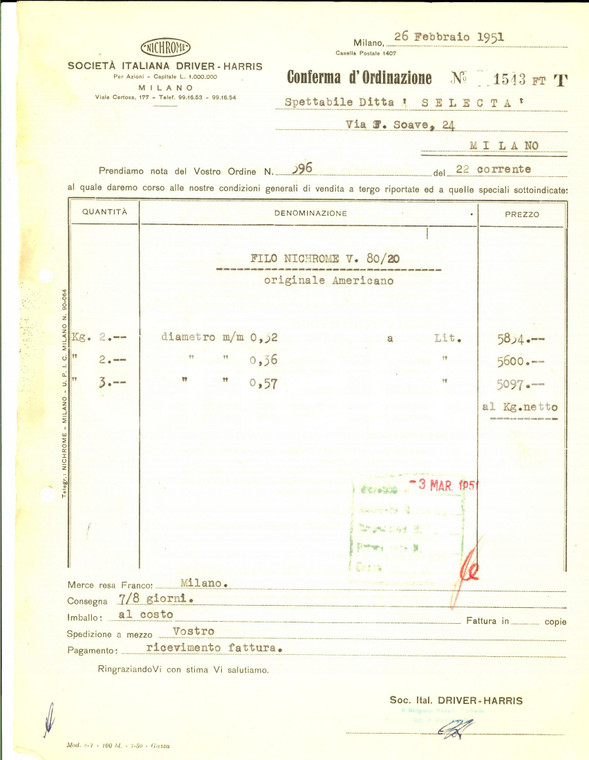 1951 MILANO Società Italiana DRIVER-HARRIS *Conferma ordinazione filo Nichrome