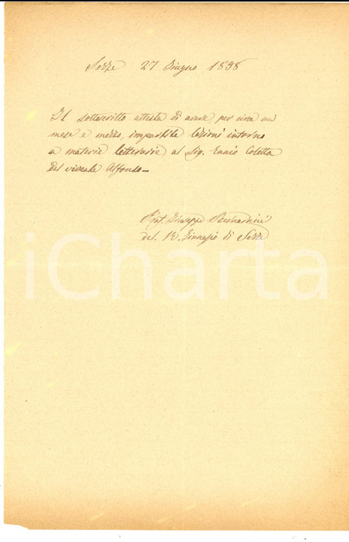 1898 SEZZE (LT) Regio Ginnasio - Lezioni prof. Giuseppe BERNARDINI *Autografo