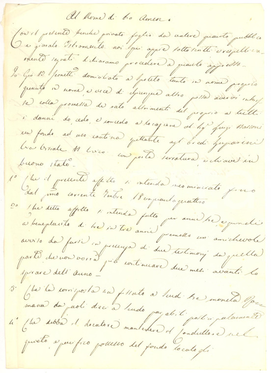 1854 SPOLETO (PG) Contratto d'affitto pro Luigi BARCONI per fondo a uso cantina