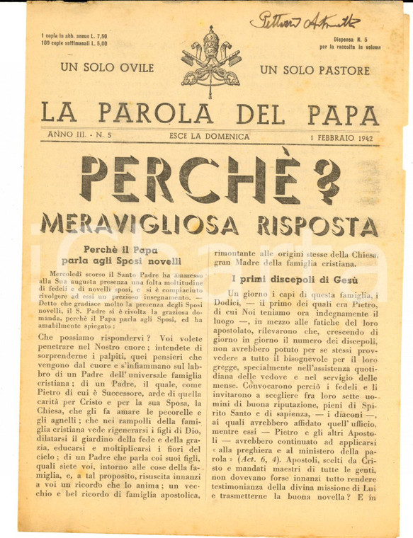 1942 LA PAROLA DEL PAPA Perché il Papa parla agli sposi novelli *Anno III n°5