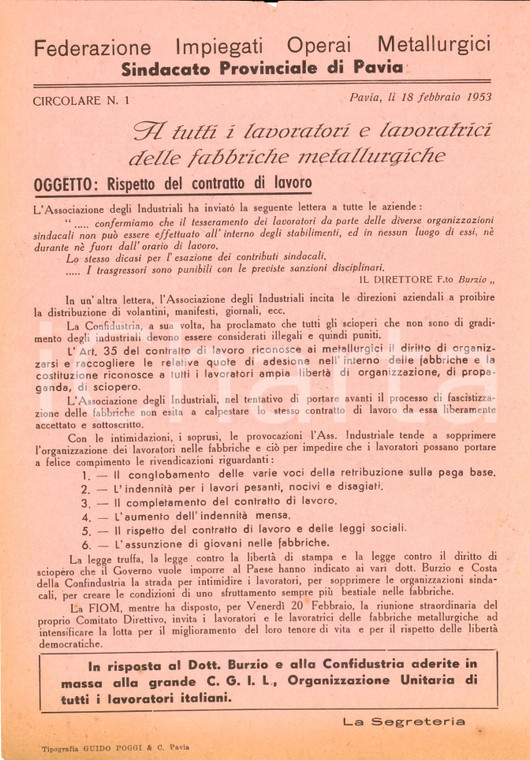 1953 PAVIA FIOM difende sciopero contro CONFINDUSTRIA