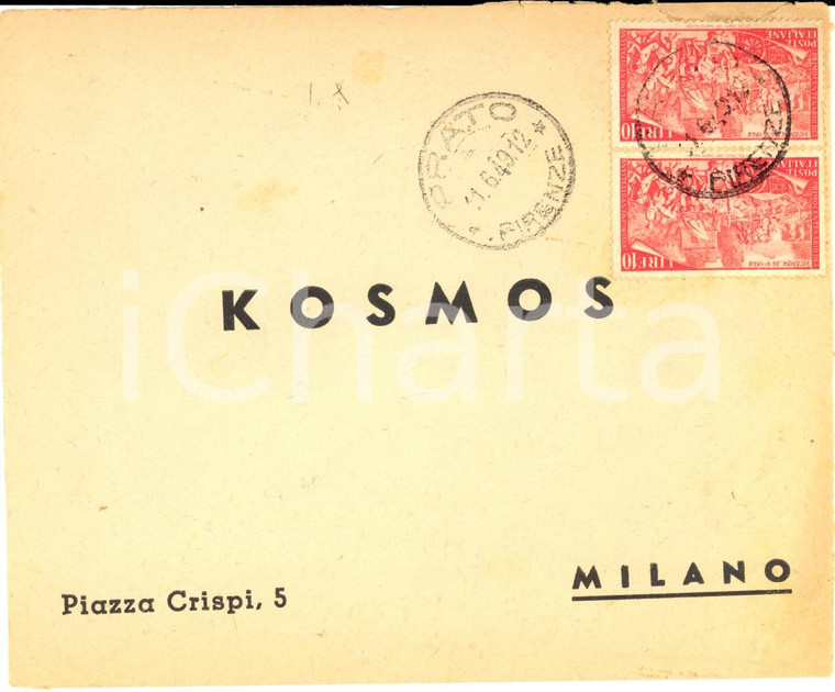 1949 STORIA POSTALE Busta affrancatura doppia L. 10 1° Centenario Risorgimento