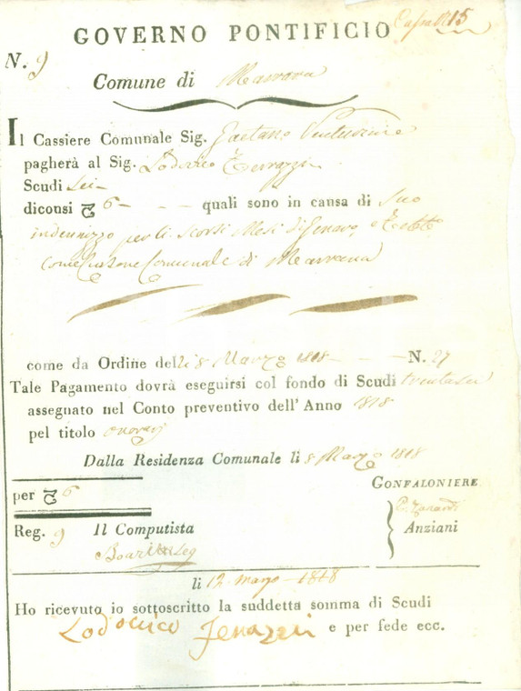 1818 FERRARA Onorario di Lodovico TERRAZZI cursore di MARRARA *Documento