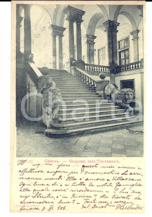 1906 GENOVA Scalone dell'Università *Cartolina P. A. WENDER a barone Carlo MERSI