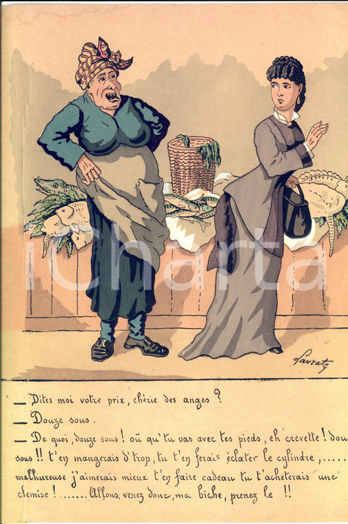 1900 ca Vecchia pescivendola insulta una fanciulla *Stampa A COLORI Ill. LAVATE