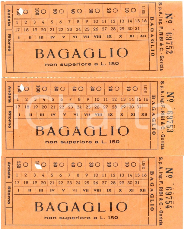 1950 ca FERROVIE DELLO STATO Tagliandi per bagaglio *Lotto tre biglietti