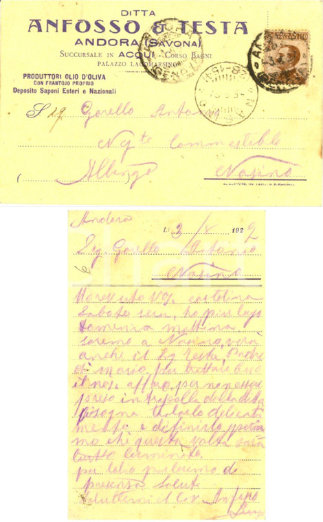 1927 ANDORA (SV) Ditta ANFOSSO & TESTA produttori olio d'oliva *Autografo FP VG