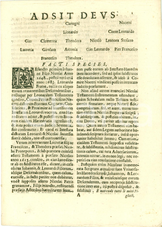 1684 BAGNONE (MS) Conte Pietro Francesco NOCETO vs Francesco e Teodora CARTEGNI