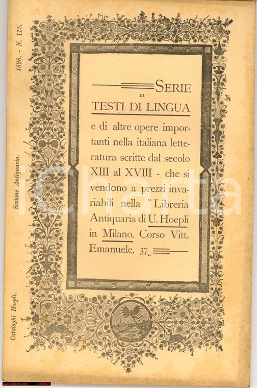 1898 MILANO Catalogo Libreria Antiquaria HOEPLI - Letteratura italiana
