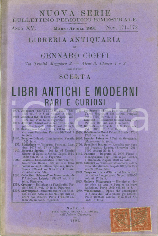1891 NAPOLI Libreria Gennaro CIOFFI Catalogo biblioteca archeologo napoletano